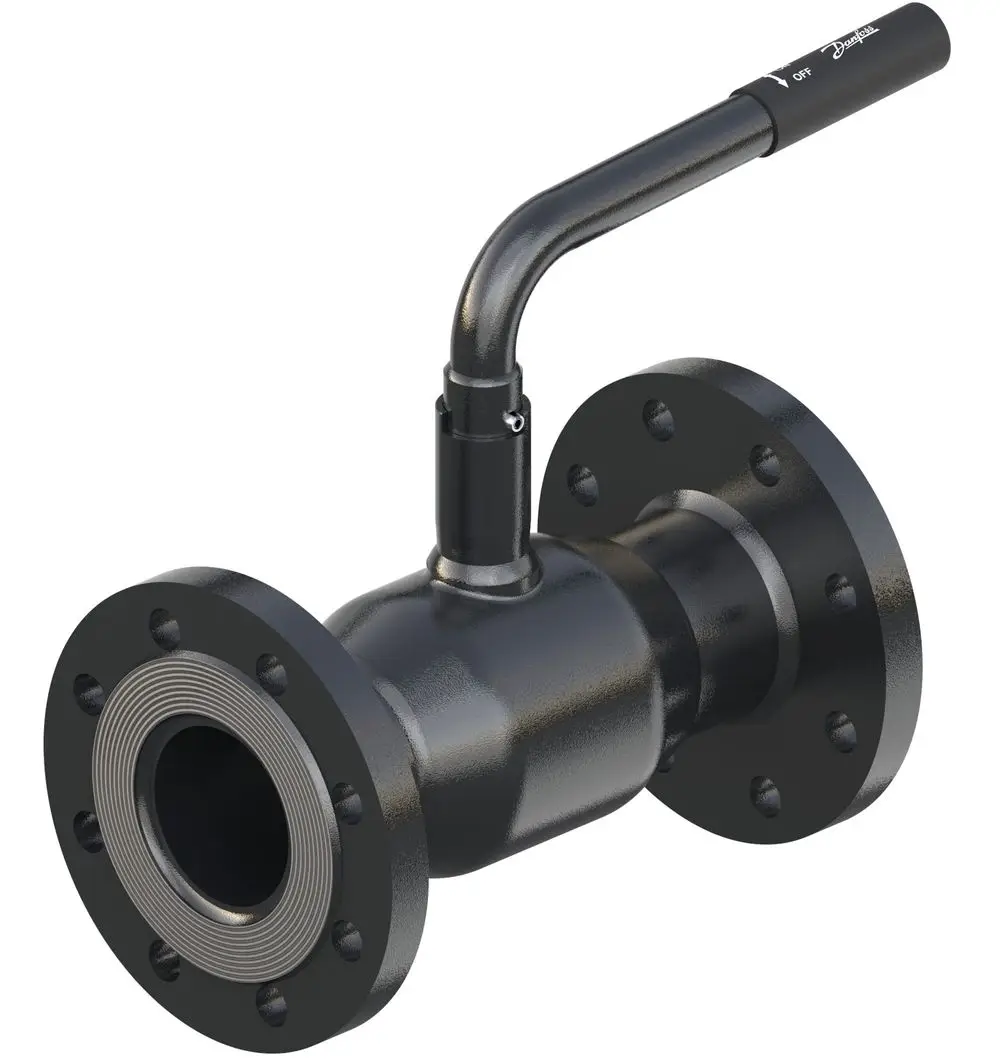 Kugelhahn mit zwei Flanschanschlüssen, schwarzer Oberfläche und seitlichem Handhebel. Produkt von Danfoss, geeignet für Anwendungen in Rohrleitungssystemen.